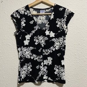 Vintage Old Navy Outlet Black White Floral V Neck Ruched Top S y2k babydoll